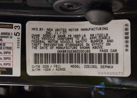 2008 Toyota Corolla Le from USA, damaged, VIN 1NXBR32E98Z030185